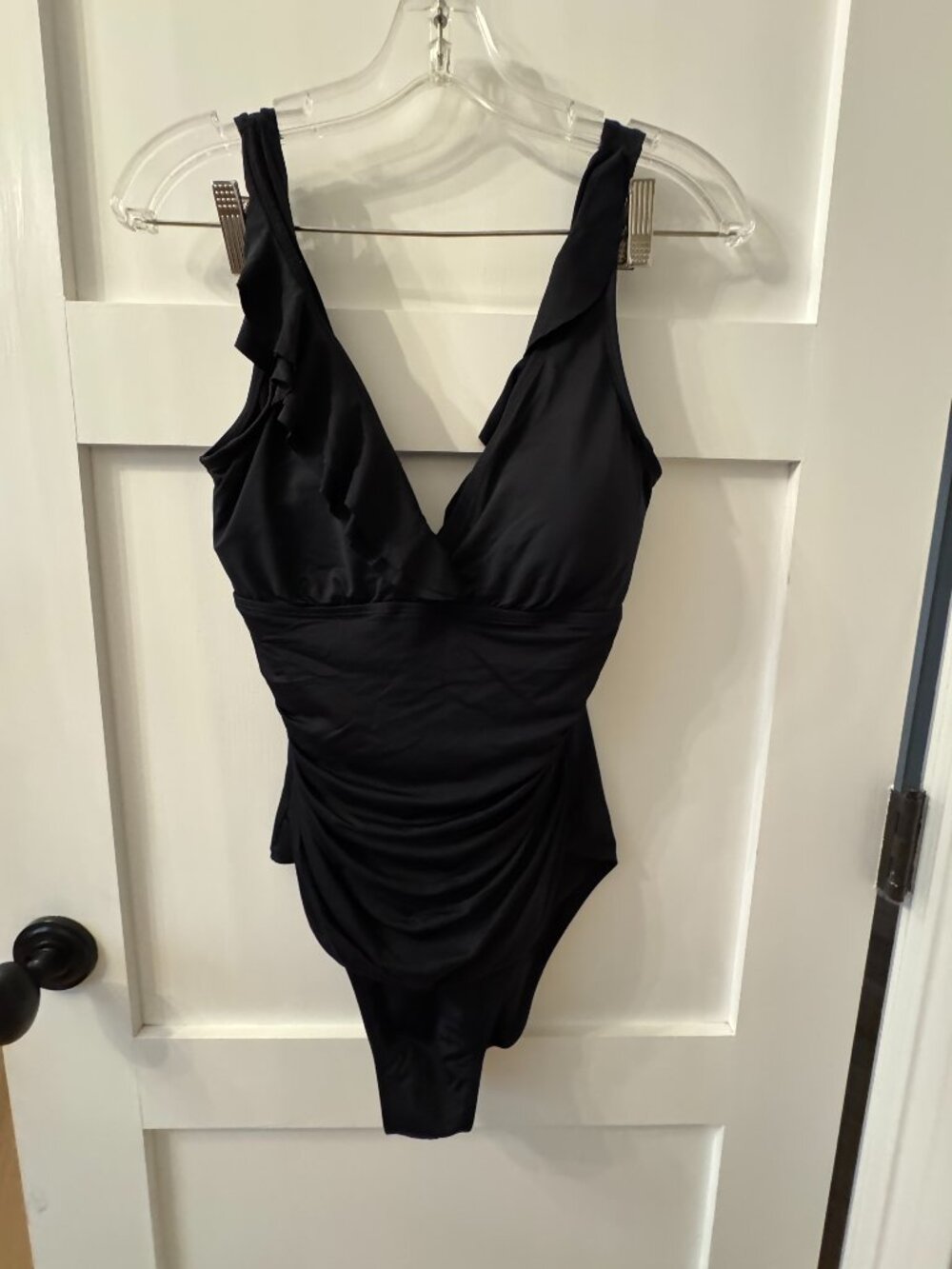 Women's Lauren Black Ruffle Trim One Piece Bathing Suit Size 10